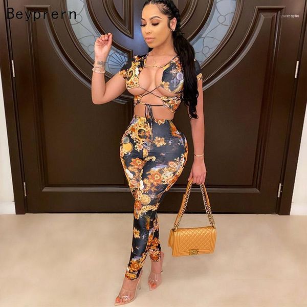 

beyprern vintage african printed tracksuit set summer overalls lace-up crop and legging two pieces suits clubwear1, Gray