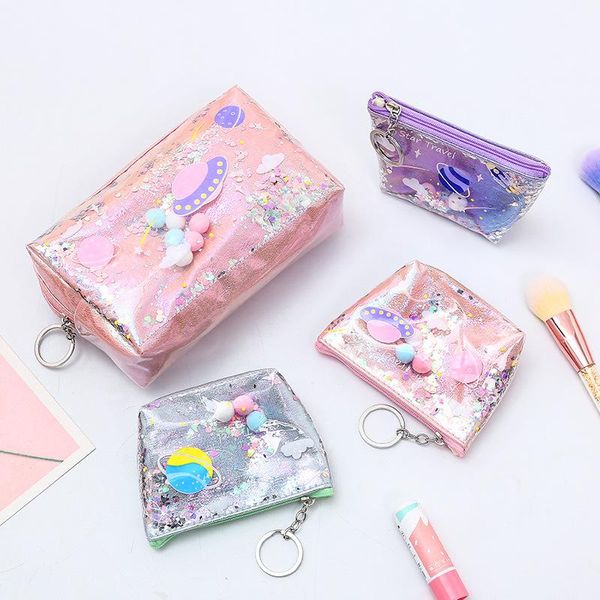 

holographic zipper pencil case portable key coin purse cosmetic makeup bag transparent glitter for pu stationery storage pouch