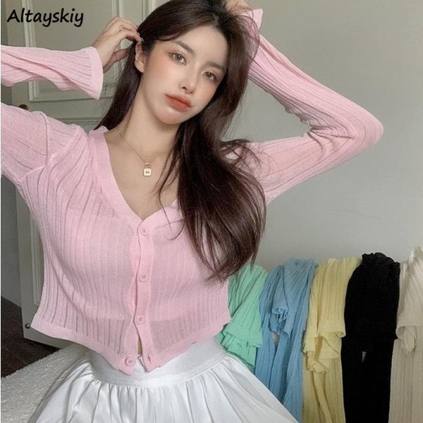 

women's knits & tees cardigans women knitting thin korean style mujer sunscreen all-match candy colors sweater cropped leisure v-neck s, White