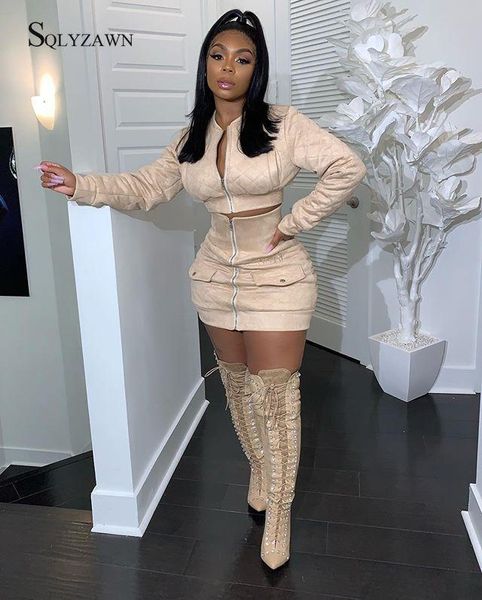 

two piece dress autum women full sleeve zipper o-neck bomber jacket+ front zip mini set workout tracksuit coat and skirt outfits, White