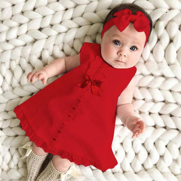 

girl's dresses born baby girl sleeveless casual maxi bow dress+headband set outfit, Red;yellow
