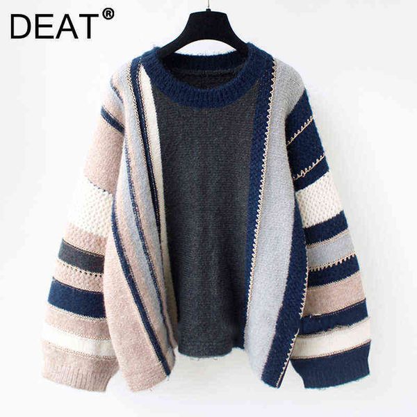 

deat women sweater knitting striped color block round collar long sleeve loose casual style thick 2021 autumn fashion 15jk723 y1110, White;black