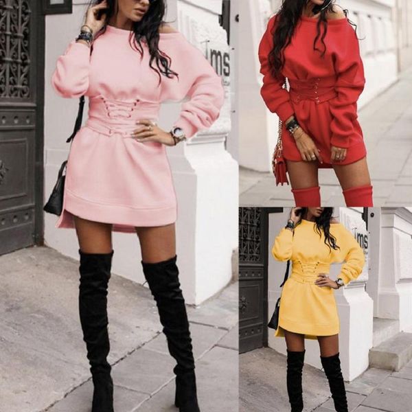 

casual dresses 80% sell women fashion autumn long sleeve o neck waist tight bandage sweatshirt dress, Black;gray