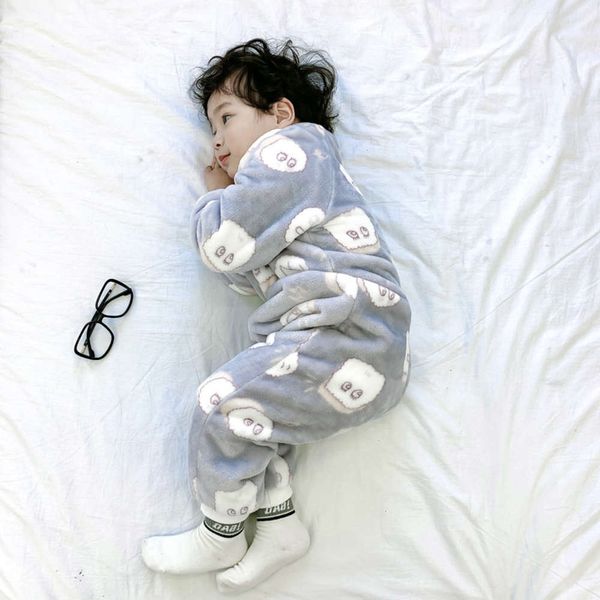 

children's jumpsuit autumn winter creeping suit double layer flannel pajamas housewear coral baby sleeping bag, Blue;red