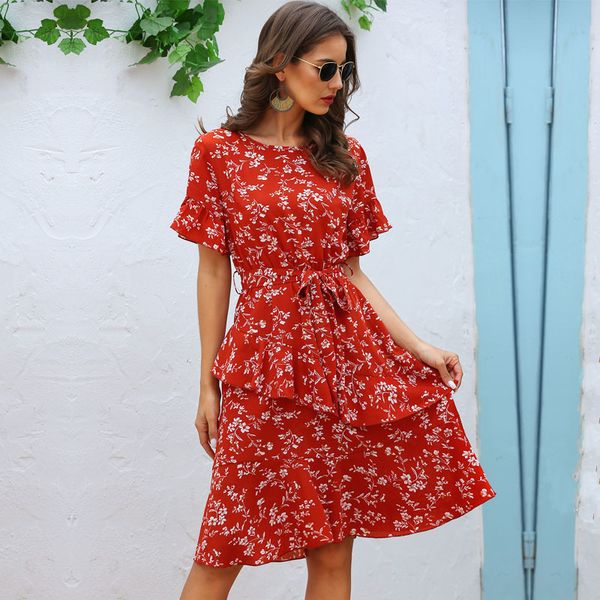 

2021 new a-line summer sleeve print short o-neck streetwear natural sashes knee-length ruffles sun vestidos msfilia ro w1rb, Black;gray