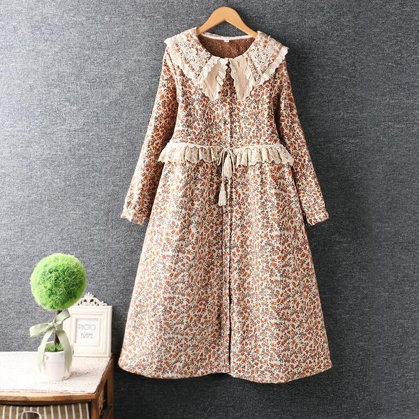 

casual dresses 2021 winter fleece floral dress women long sleeve single breasted, Black;gray