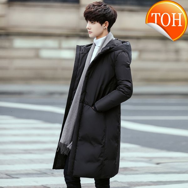 

men's hooded down jackets fashion autumn winter mens long thicken white duck coat male solid color zipper warm outwears top, Black
