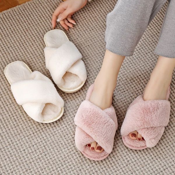 

winter women faux fur warm flat shoes slip on home furry slippers, Black