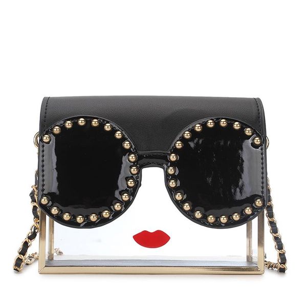

fashion transparency acrylic box shape red lips rivet design metal crossbody messenger bag women handbags chain purse flap bolsa