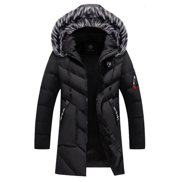 

parka fur men collar hooded winter warm coat oudoor jacket mens outwear long overcoat c d034, Black