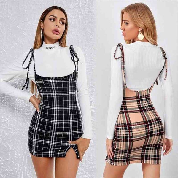 

winter bodycon mini dresses knot shoulder split hem plaid overall dress, Black;gray