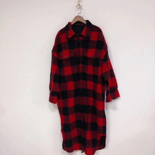

women's wool & blends red plaid woolen women coat long sleeve turn-down collar single breasted loose large pockets ladies jackets 2021, Black