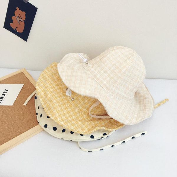 

caps & hats baby girls cute wave point bucket hat for kids summer plaid big brim cotton fisherman outdoor sunscreen colorful panama, Yellow