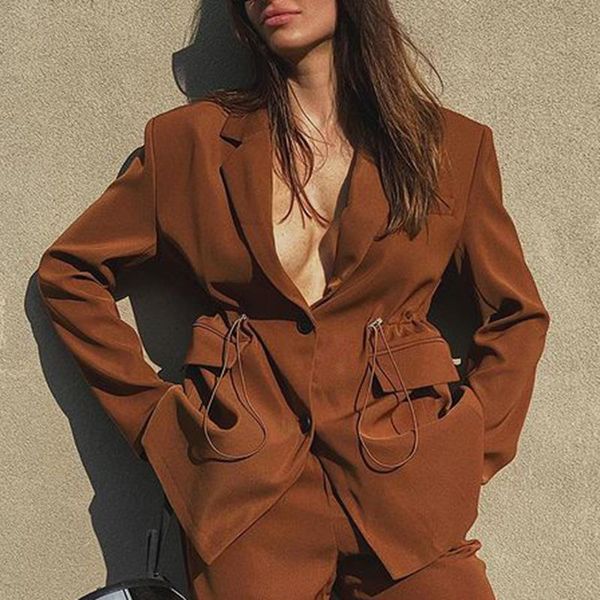 

fashion spring casual notched blazers women elegant single breasted pockets jackets women drawstring folds solid suits ladies, White;black