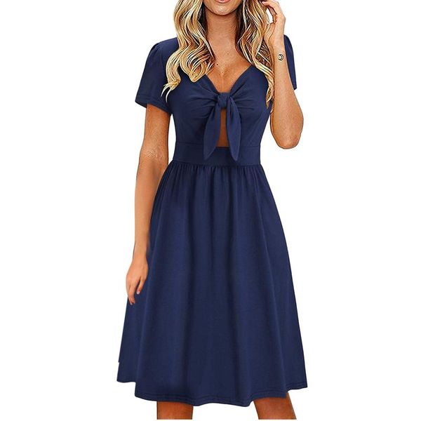 

casual dresses women solid short sleeve dress v-neck bownot bandage summer party v neck pleated loose vestido festa #g2, Black;gray