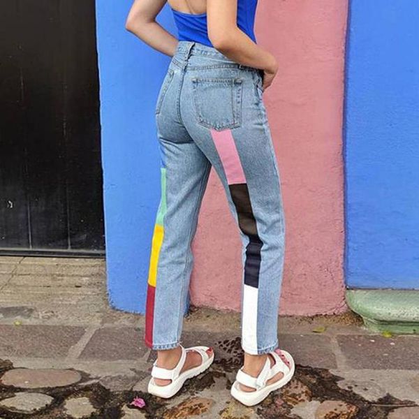 

colorful women jeans pants 2021 korean fashion streetwear color blocked high waist light wash mom jeans pure cotton denim pants, Blue