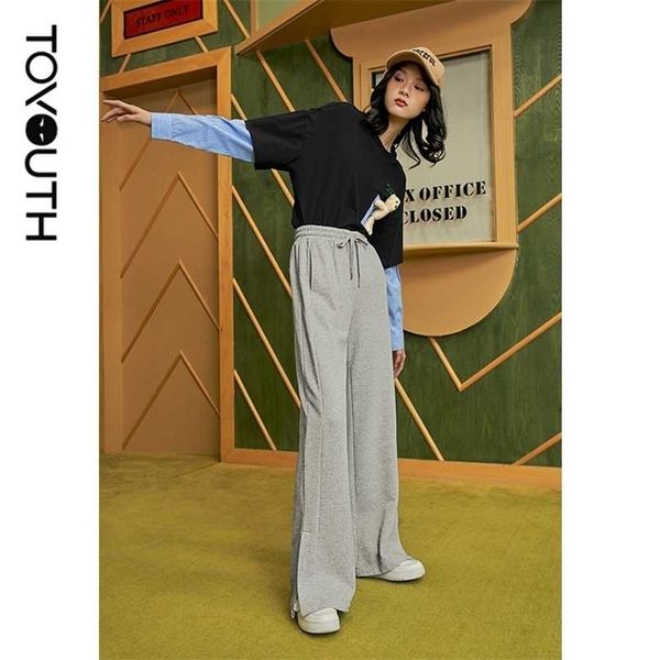 

toyouth women sweatpants autumn letter embroidered elastic high waist trousers side slits casual all match sports pants 211115, Black;white