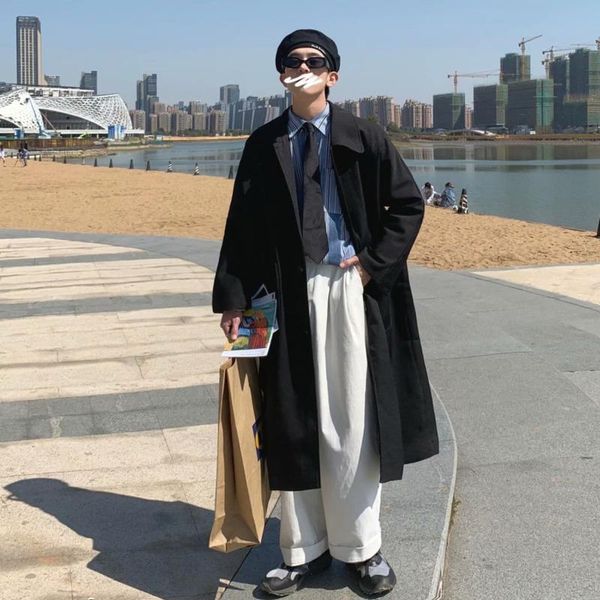 

men's trench coats autumn black coat men fashion casual long streetwear korean loose oversized windbreaker jacket mens overcoat, Tan;black