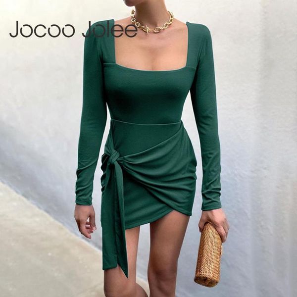 

casual dresses women elegant long sleeve lace up bandage mini dress autumn solid square neck bodycon irregular club, Black;gray