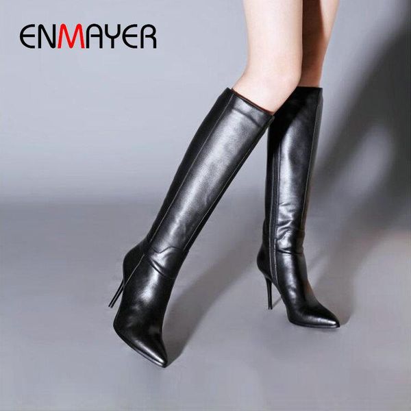 

boots enmayer pointed toe knee-high thin high heel pu sewing 2021 winter shoes women round fashion 34-43, Black