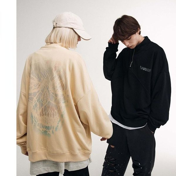 

men's hoodies & sweatshirts star actual shooting models 2021 autumn and winter hong kong wind trend stand-up collar half-zip loose pull, Black