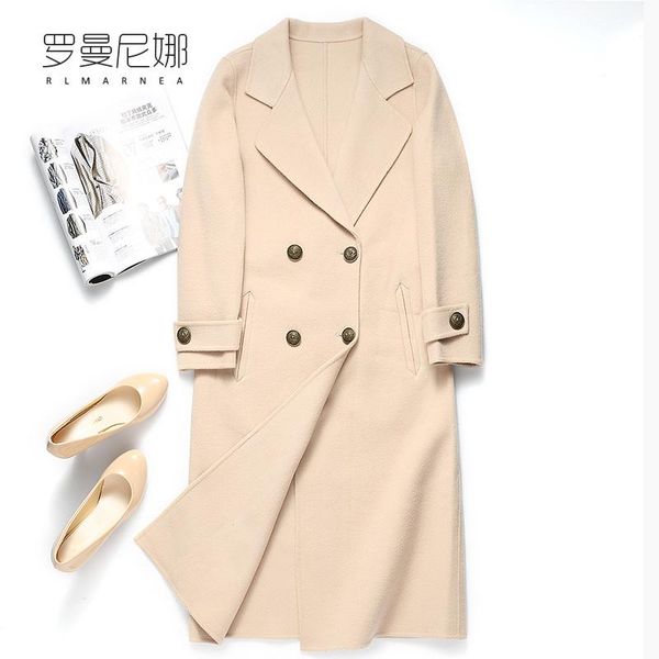 

women's wool & blends shzq autumn and winter double-sided woolen coat 2021 medium long waist closing cloth korean t, Black