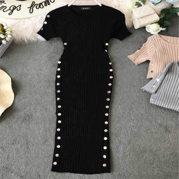 

new design dresses women's fashion o-neck short sleeve thread knitted bodycon tunic double breasted patchwork knee length pencil dress, Black;gray