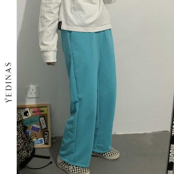 Yedinas Candy Farbe Hosen Frauen Koreanischen Stil Gerade Elastische Taille Hosen Beiläufige Lose Feste Breite Bein Harajuku Weibliche 210527