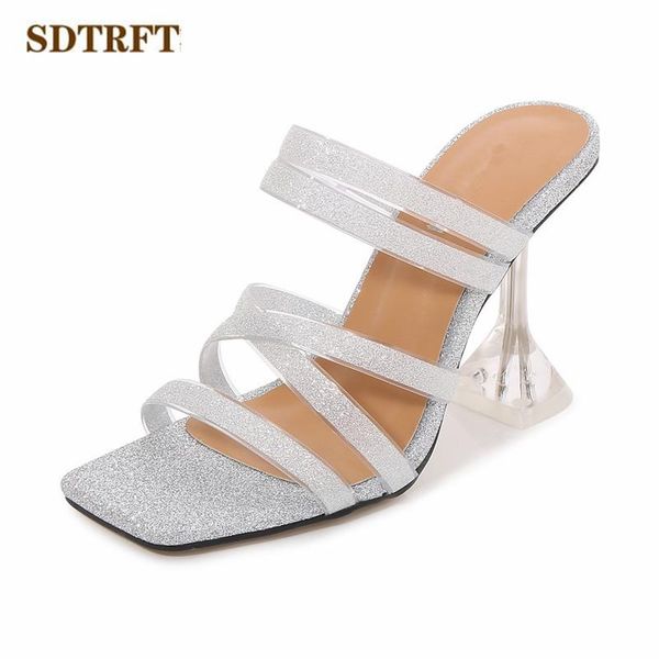 

slippers sdtrft ladies 9cm thin high heels women slides open toe multicolor shoes bling outdoor footwear promotion casual pumps, Black