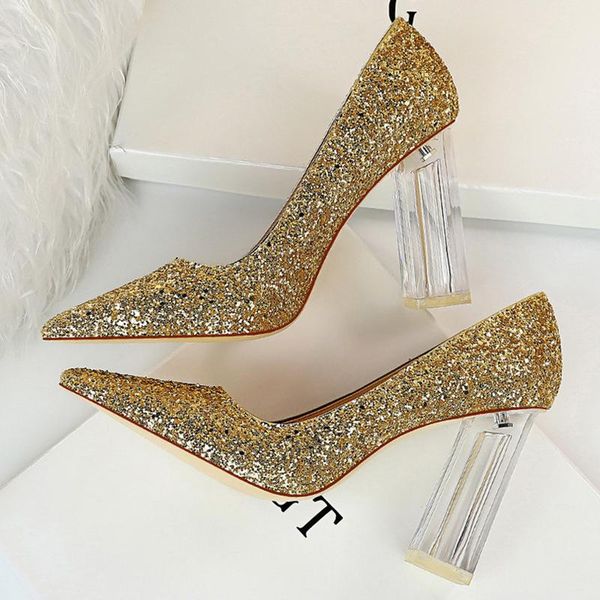 

dress shoes 2021 plus size 43 women 10cm high heels lady scarpins gold silver block clear pumps wedding transparent chunky, Black