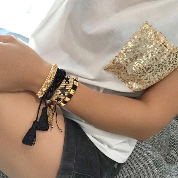 

beaded, strands miyuki rice beads hand-woven five-pointed star bracelet crystal chain multi-layered wear bracelets on hand, Black