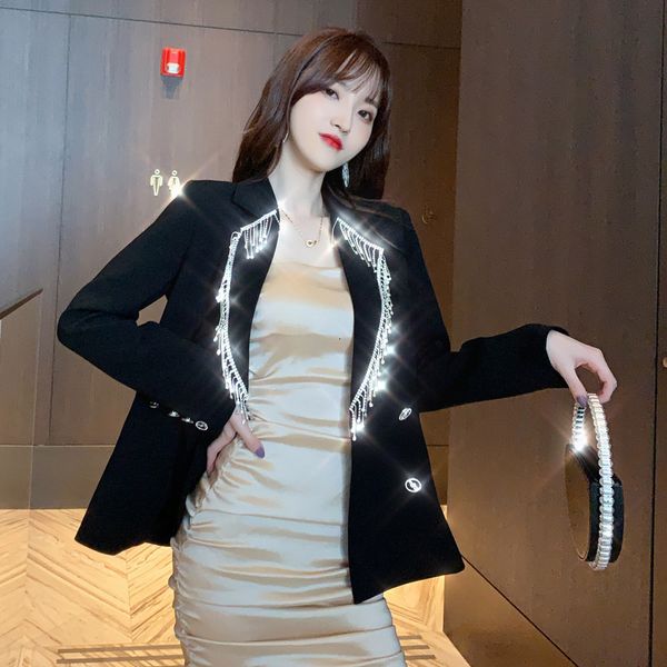 

new arrival fashion women office lady casual england double-breasted turn-down collar tassel work style wild black blazers c8nj, White;black