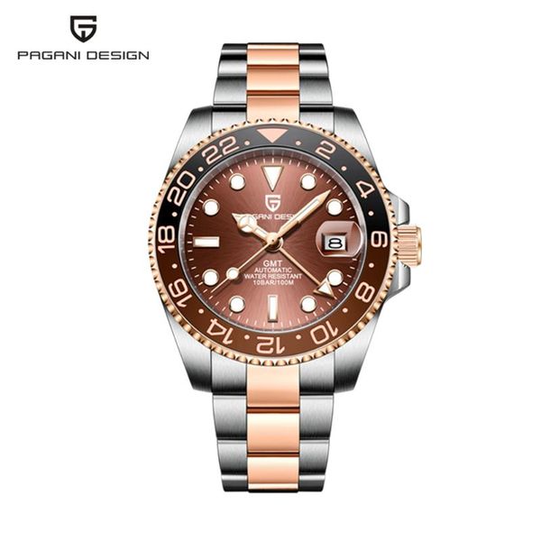

wristwatches pagani design 40mm men mechanical wristwatch ceramic bezel gmt watch brand sapphire stainless steel automatic for, Slivery;brown