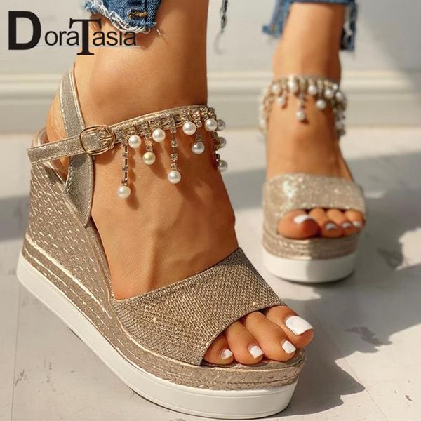 

doratasia 2021 brand new women's wedges high heels sandals lady fashion pearl chains leisure platform summer sandals shoes woman, Black