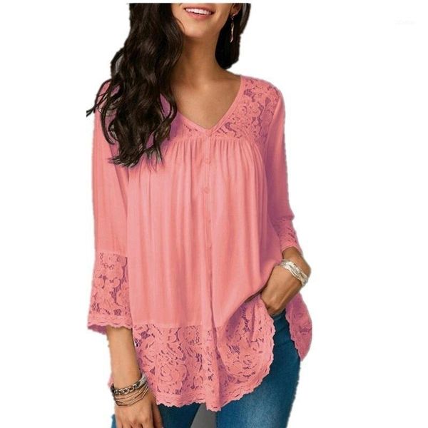 

plus size fashion 2021 women hollow out clothes blouse lace-paneled v-necks sleeve casual elegant shirts blouses xxl women's &, White