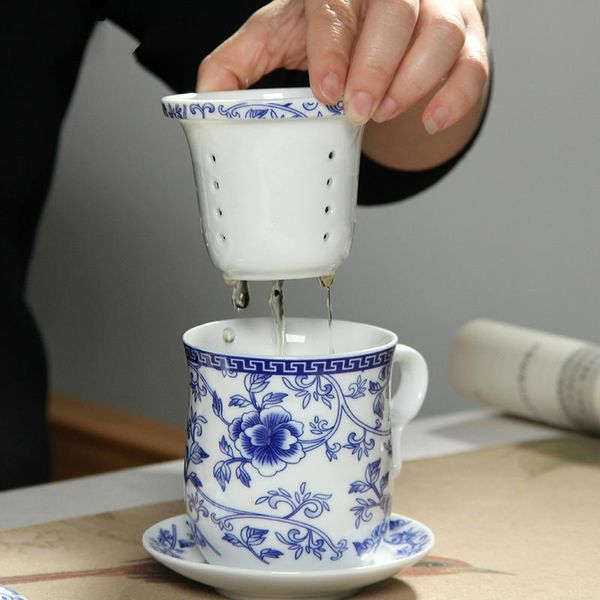 

cups & saucers retro chinese blue white porcelain tea cup set with saucer lid infuser 260ml ceramic teacup filter