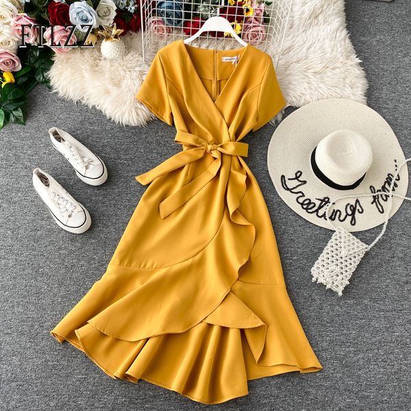 

2021 vintage a-line ruffles fashion women short sleeve v-neck summer es ladies elegant bodycon long robe shav, Black;gray