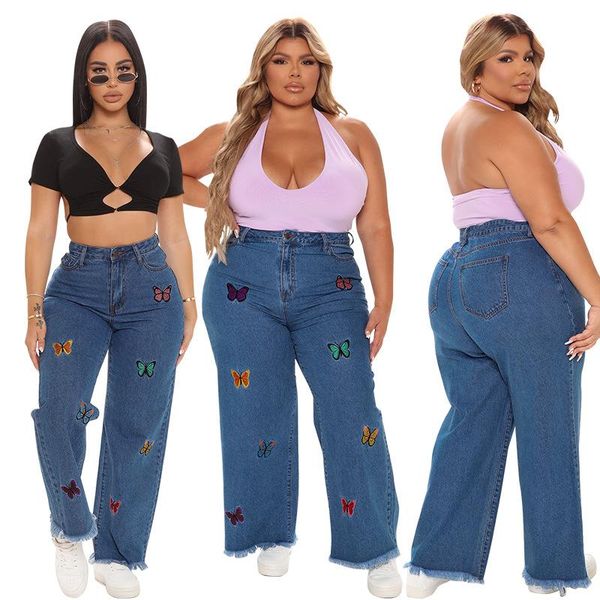 

women's jeans butterfly embroidery women streetwear arrivals high waist pure color lady's 2021 autumn test wide-leg denim pants, Blue