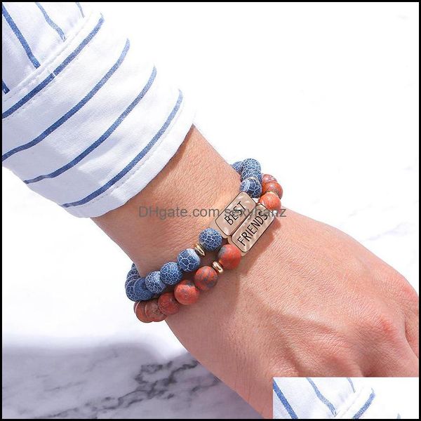 

beaded, strands jewelry hammered rose gold bar engrave " friends" bracelets inspirational stone lava volcanic elastic string brace, Black