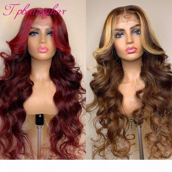 

red highlight 13x6 lace front human hair wigs 180% ombre blonde color brazilian middle part lace frontal wigs with baby hair, Black;brown
