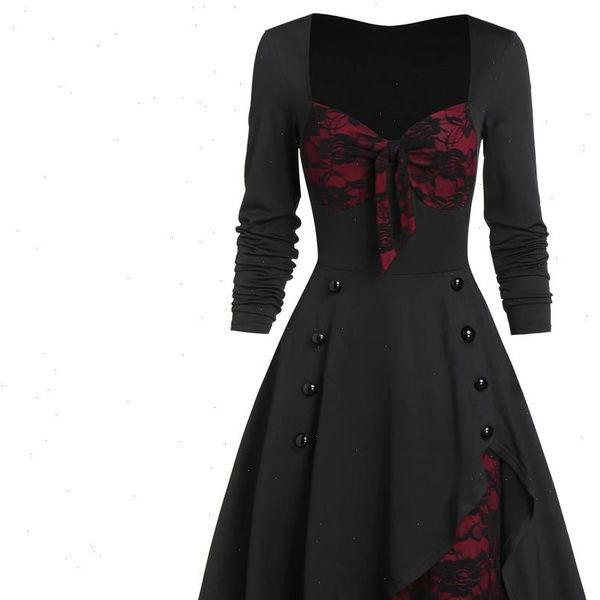 

dresses vintage women mini dress plus size halloween gothic clothes skull lace insert mock button bowknot dress robe femme, Black;gray