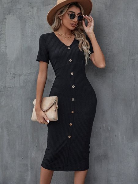 

button up rib knit bodycon dress j4j7#, Black;gray
