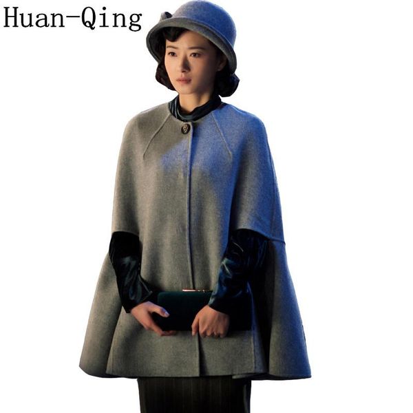 

women's wool & blends korean office lady vintage single button poncho woolen cloak coat autumn winter women half batwing sleeve loose c, Black