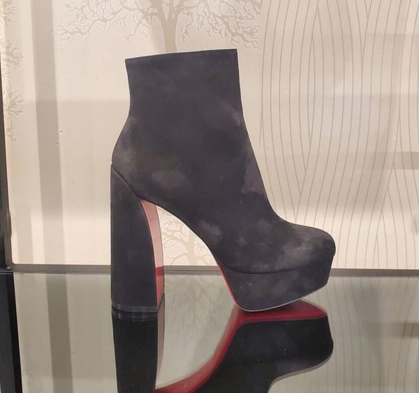 

womens ankle boots high heel chunky red bottom booty shoe roune toe platform shoes luxury movida booty 130mm suede genuine leather with zip, Black