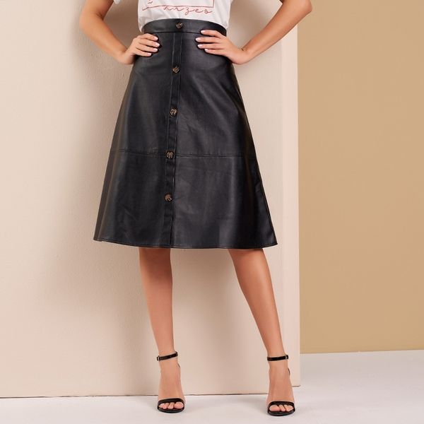 

mai&fun black pu leather skirt women new high waist aline skirt knee length casual skirt 210309