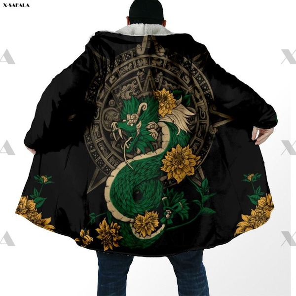 

men's wool & blends quetzalcoatl skull aztec maya printed hoodie long coat hooded cloak thick down jacket parkas outerwear cotton pullo, Black