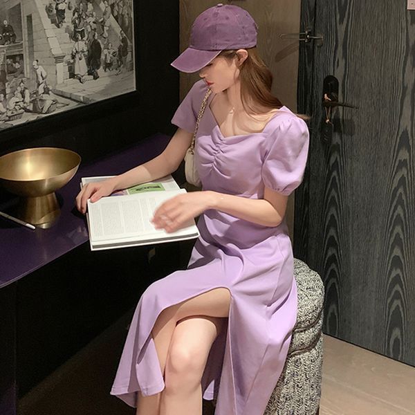 

2021 new lilac midi elegant summer side split ladies short sleeve slim a-line plus size es for women xxl 4xl qi3d, Black;gray