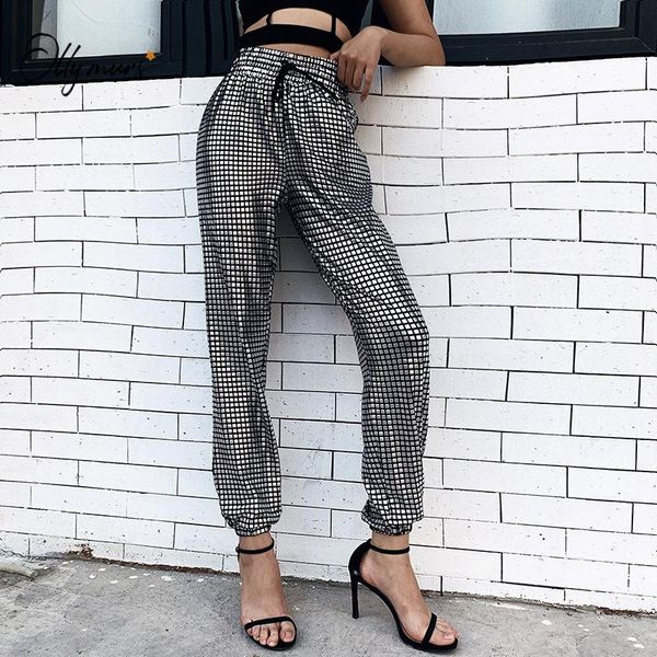 

women's pants & capris ollymurs fashion style women loose casual silver plaid lace up female ladies comfortable sweatpants clothes, Black;white