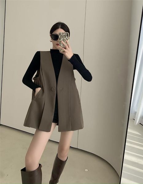 

women's vests autumn all-match vest casual pleated umbrella-shaped a-line suit jacket, Black;white