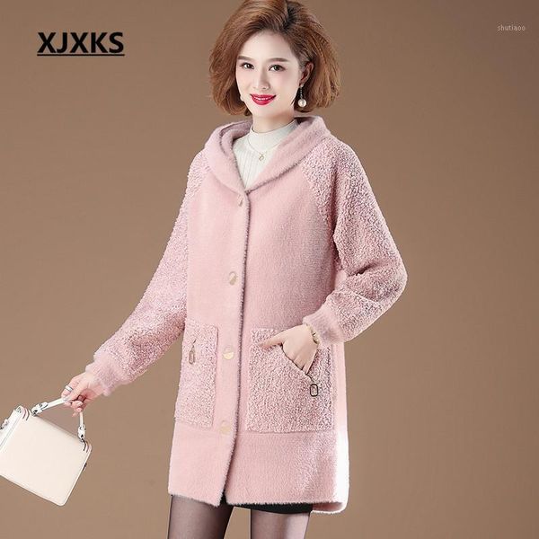 

women's wool & blends xjxks fashion hooded lamb women long coat for autumn winter 2021 warm comfortable woolen, Black
